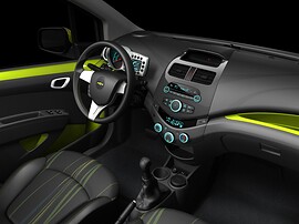 Chevrolet Spark 1.2 MT: Панель приборов и передняя часть салона с зелёной отделкой