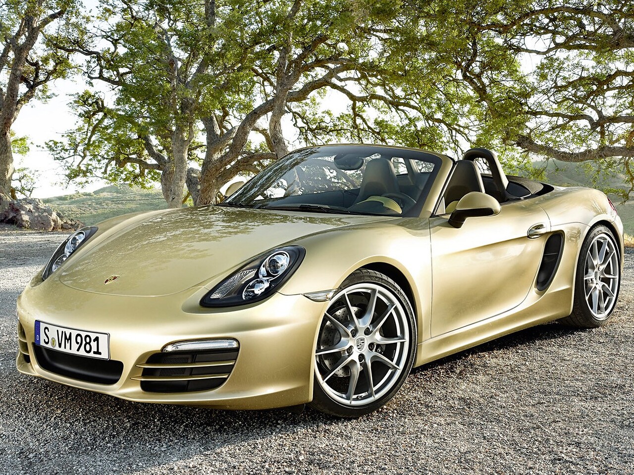 Porsche Boxster (981, 2012 - 2016 г.в.): Три четверти спереди с открытым верхом под деревом