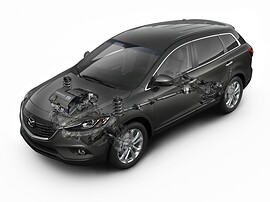 Mazda CX-9 (I поколение рестайлинг, 2012 - 2015 г.в.): вид спереди сбоку в разрезе