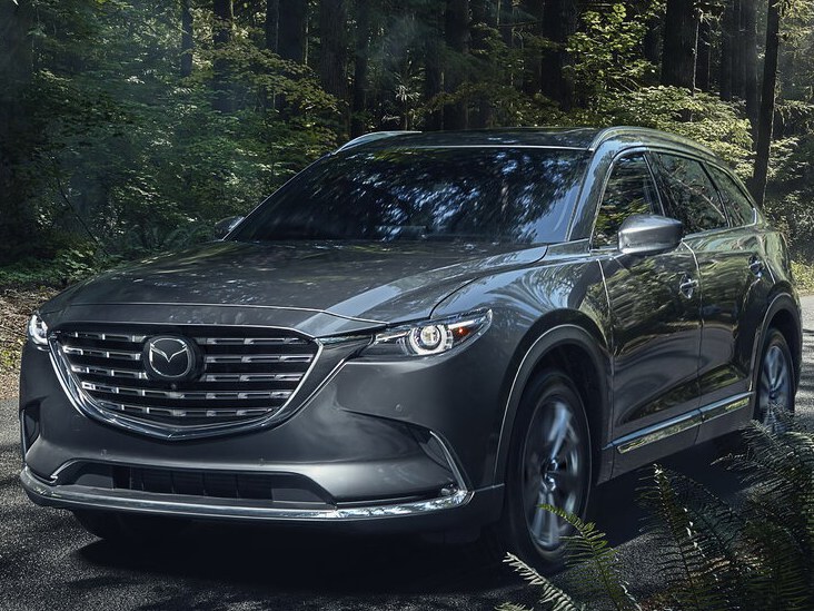 Mazda CX-9 (II поколение рестайлинг, 2020 - 2022 г.в.): вид спереди сбоку в лесу