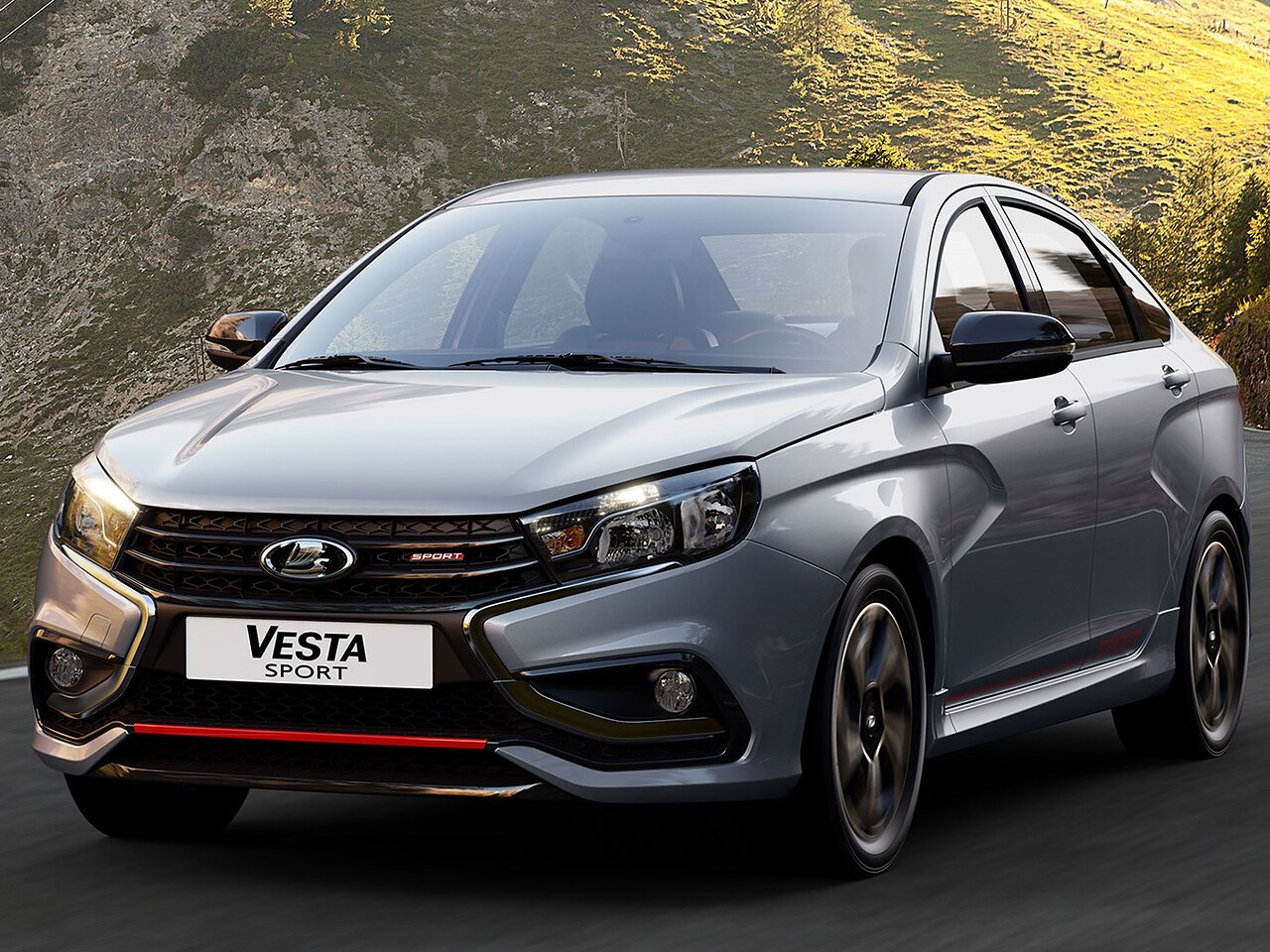 ВАЗ (Lada) Vesta Sport (I поколение, 2018 - 2022 г.в.): вид спереди сбоку на фоне гор