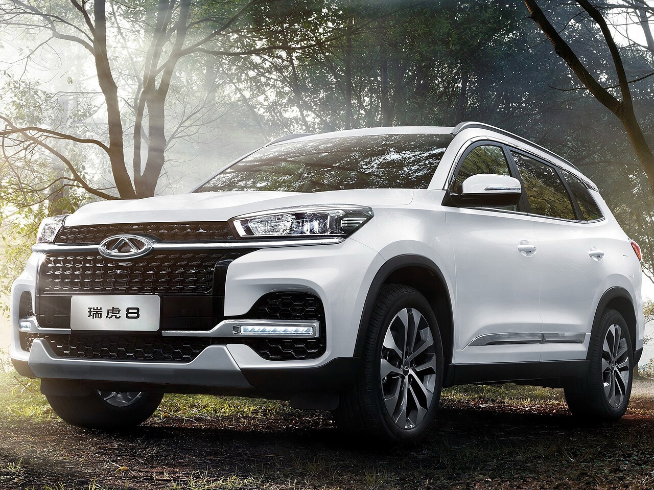Chery Tiggo 8 (I поколение, 2018 - 2022 г.в.): вид спереди сбоку в лесу