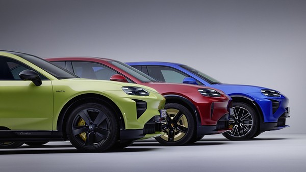 Porsche расширила опции электрического Cayenne: три машины в студии, вид спереди